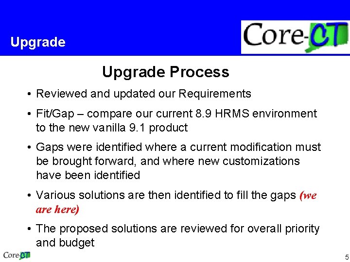 Upgrade Process • Reviewed and updated our Requirements • Fit/Gap – compare our current