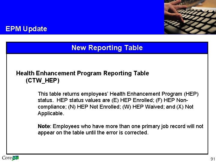 EPM Update New Reporting Table Health Enhancement Program Reporting Table (CTW_HEP) This table returns