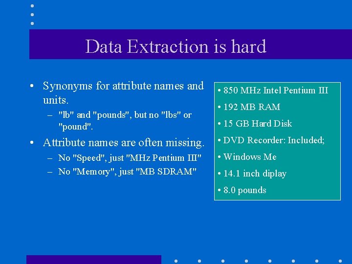 Data Extraction is hard • Synonyms for attribute names and units. – "lb" and