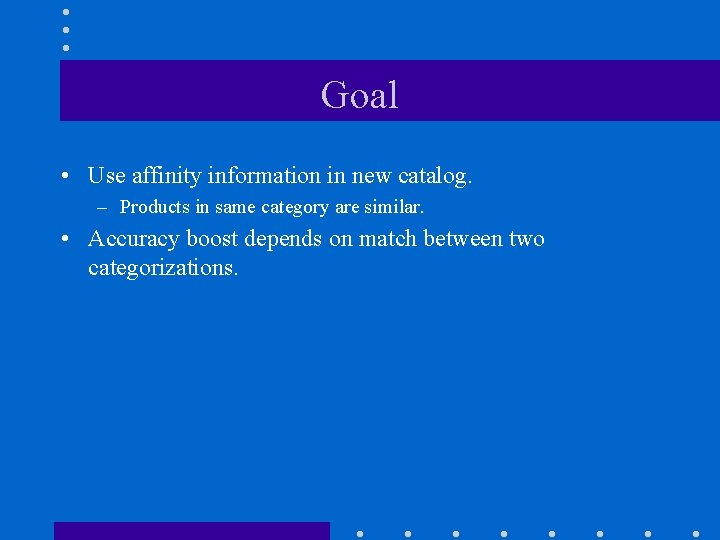 Goal • Use affinity information in new catalog. – Products in same category are