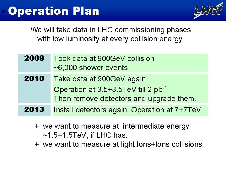 Operation Plan We will take data in LHC commissioning phases with low luminosity at