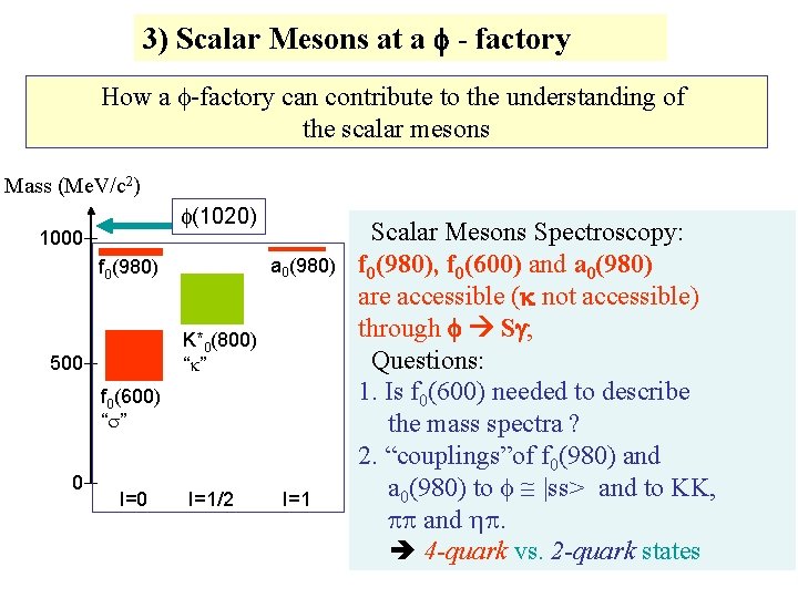 3) Scalar Mesons at a f - factory How a f-factory can contribute to