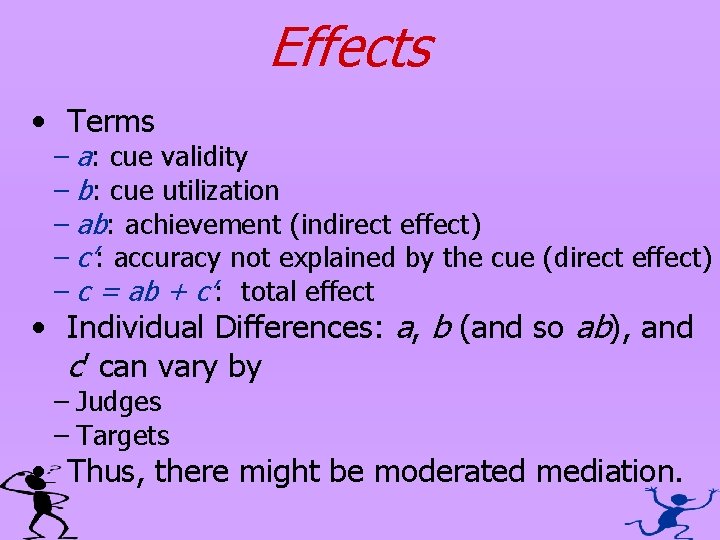 Effects • Terms – a: cue validity – b: cue utilization – ab: achievement