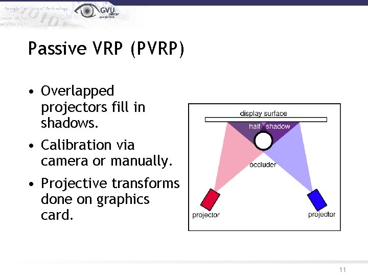 Passive VRP (PVRP) • Overlapped projectors fill in shadows. • Calibration via camera or