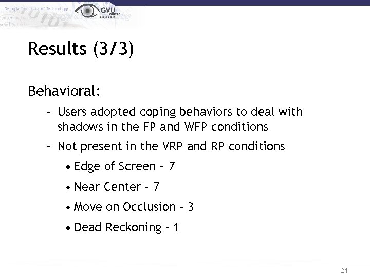 Results (3/3) Behavioral: – Users adopted coping behaviors to deal with shadows in the