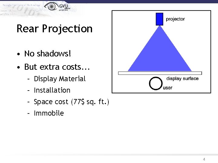Rear Projection • No shadows! • But extra costs. . . – Display Material