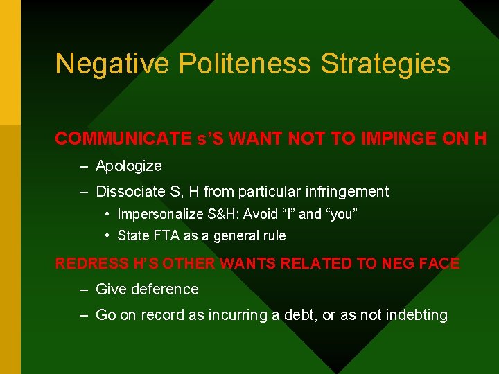 Negative Politeness Strategies COMMUNICATE s’S WANT NOT TO IMPINGE ON H – Apologize –