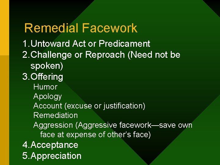 Remedial Facework 1. Untoward Act or Predicament 2. Challenge or Reproach (Need not be