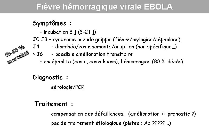 Fièvre hémorragique virale EBOLA Symptômes : - incubation 8 j (3 -21 j) J