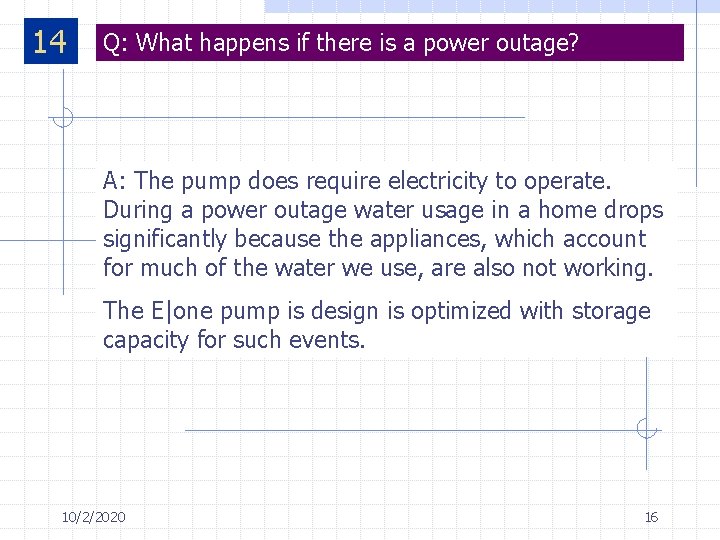14 7 Q: What happens if there is a power outage? A: The pump