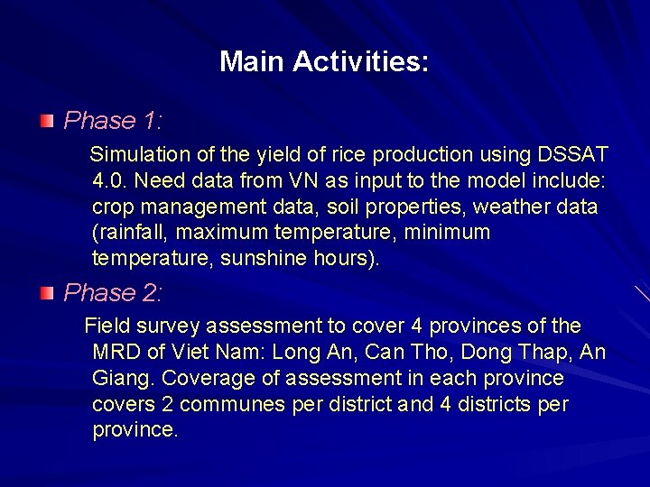 Main Activities: Phase 1: Simulation of the yield of rice production using DSSAT 4.