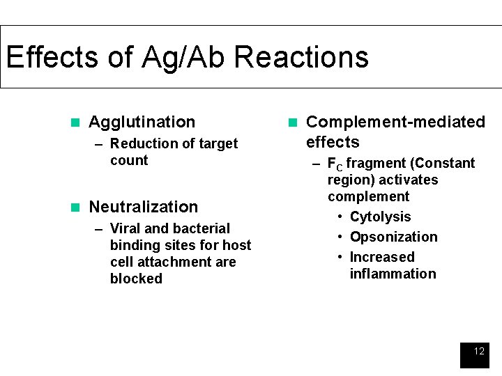Effects of Ag/Ab Reactions n Agglutination – Reduction of target count n Neutralization –