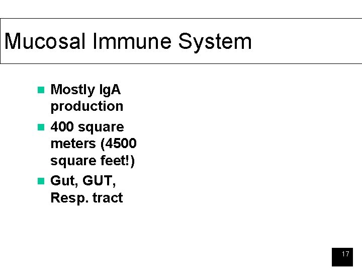 Mucosal Immune System Mostly Ig. A production n 400 square meters (4500 square feet!)