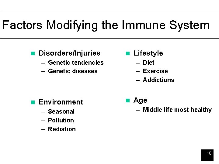 Factors Modifying the Immune System n Disorders/Injuries n – Genetic tendencies – Genetic diseases