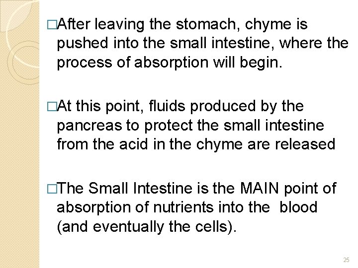 �After leaving the stomach, chyme is pushed into the small intestine, where the process