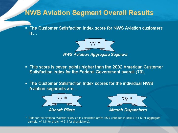 NWS Aviation Segment Overall Results § The Customer Satisfaction Index score for NWS Aviation