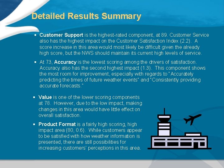 Detailed Results Summary § Customer Support is the highest-rated component, at 89. Customer Service