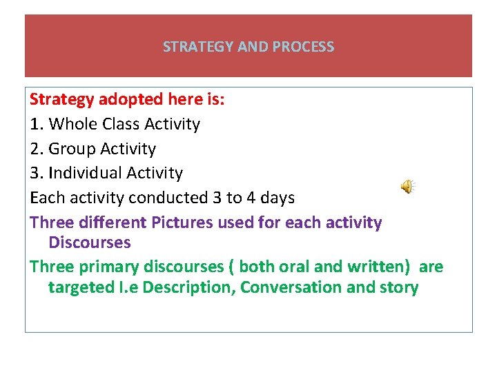 STRATEGY AND PROCESS Strategy adopted here is: 1. Whole Class Activity 2. Group Activity STRATEGY AND PROCESS Strategy adopted here is: 1. Whole Class Activity 2. Group Activity