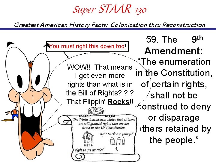 Super STAAR 130 Greatest American History Facts: Colonization thru Reconstruction 59. The 9 th