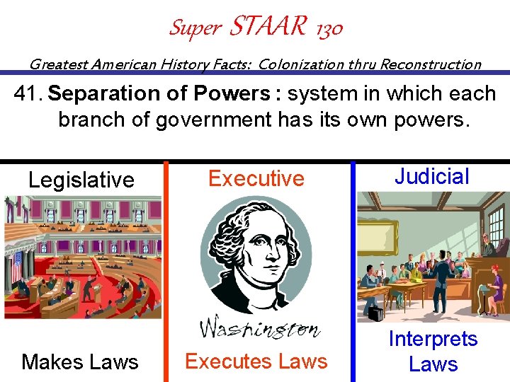 Super STAAR 130 Greatest American History Facts: Colonization thru Reconstruction 41. Separation of of