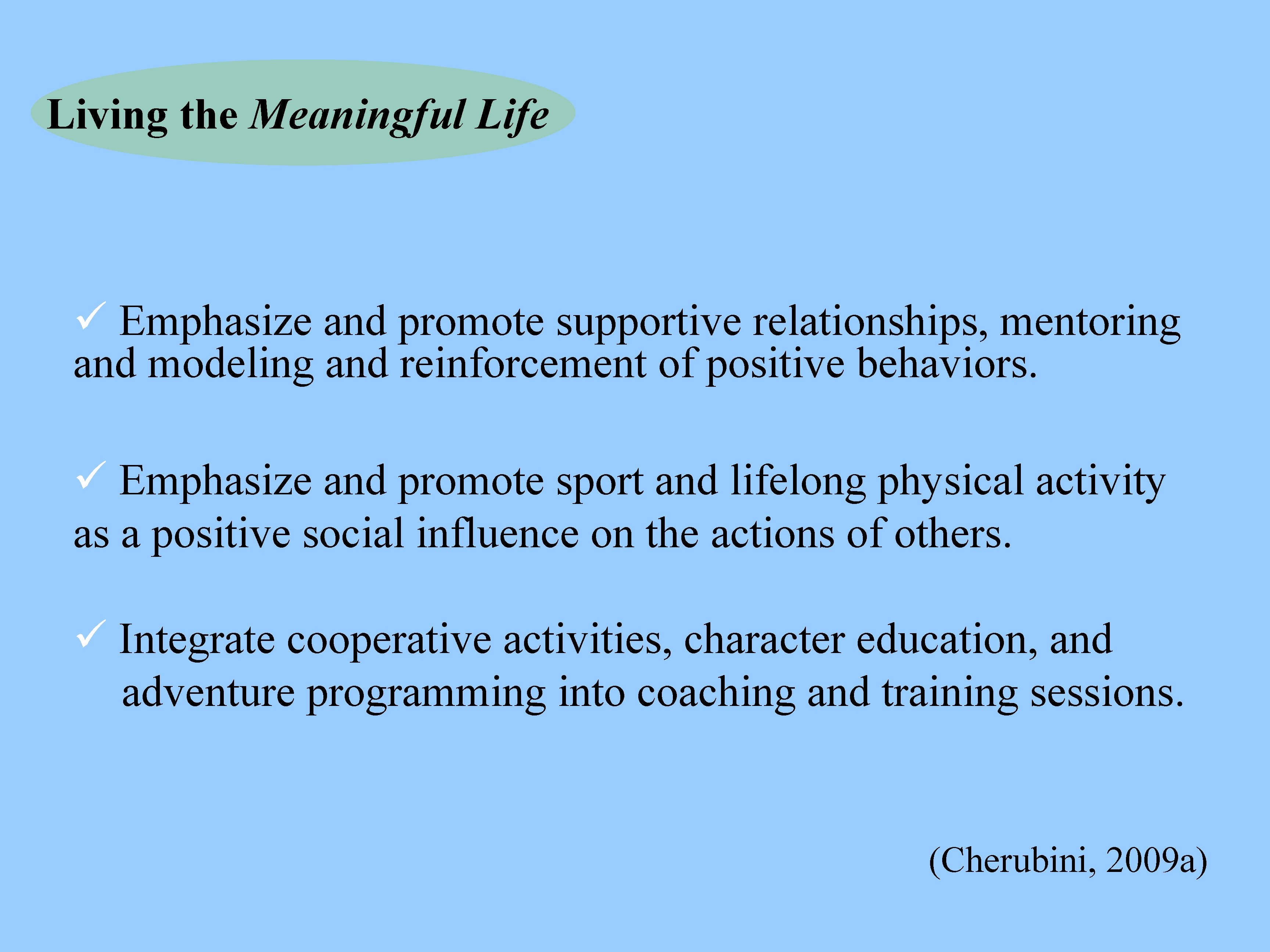 Living the Meaningful Life ü Emphasize and promote supportive relationships, mentoring and modeling and