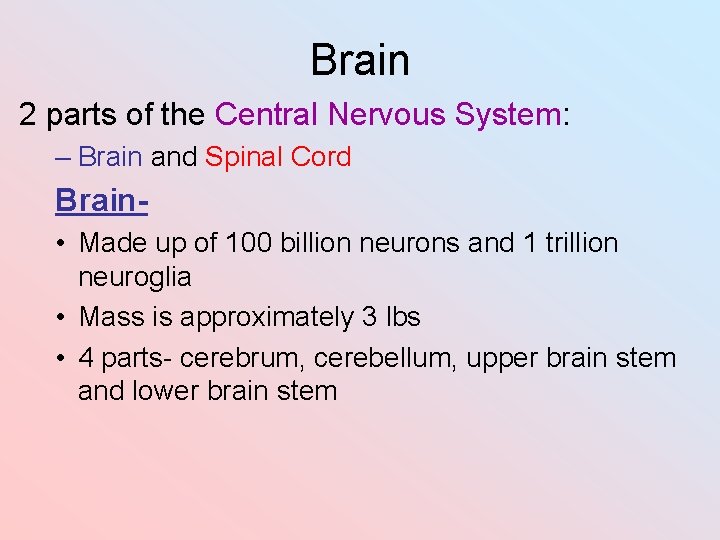Brain 2 parts of the Central Nervous System: – Brain and Spinal Cord Brain
