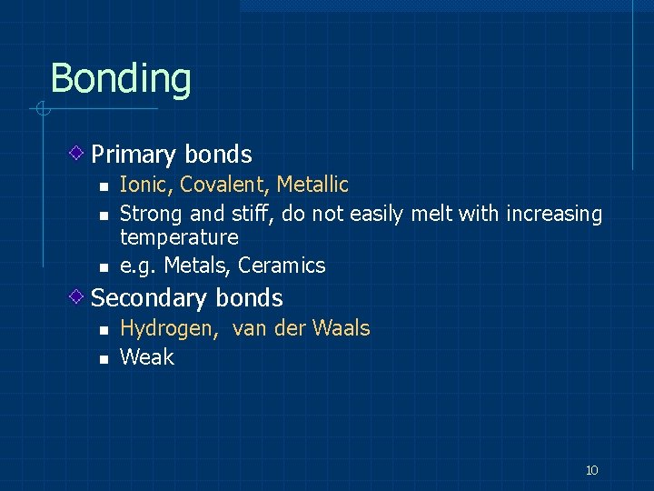 Bonding Primary bonds n n n Ionic, Covalent, Metallic Strong and stiff, do not