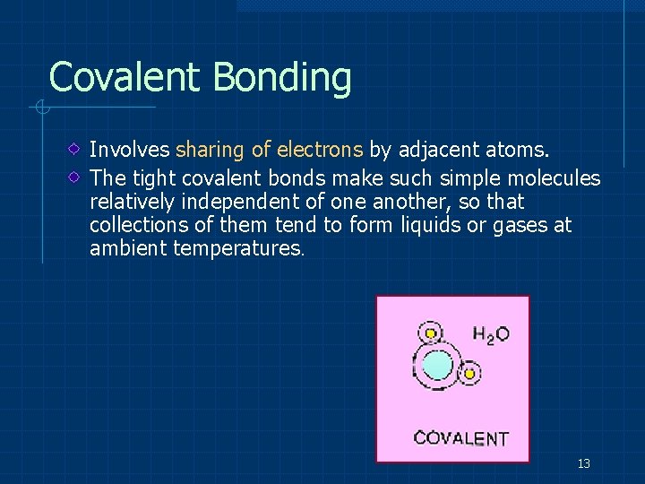 Covalent Bonding Involves sharing of electrons by adjacent atoms. The tight covalent bonds make