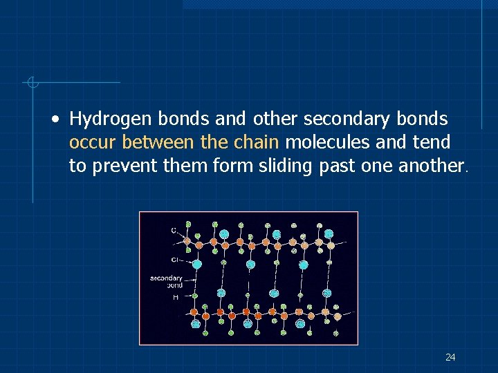  • Hydrogen bonds and other secondary bonds occur between the chain molecules and