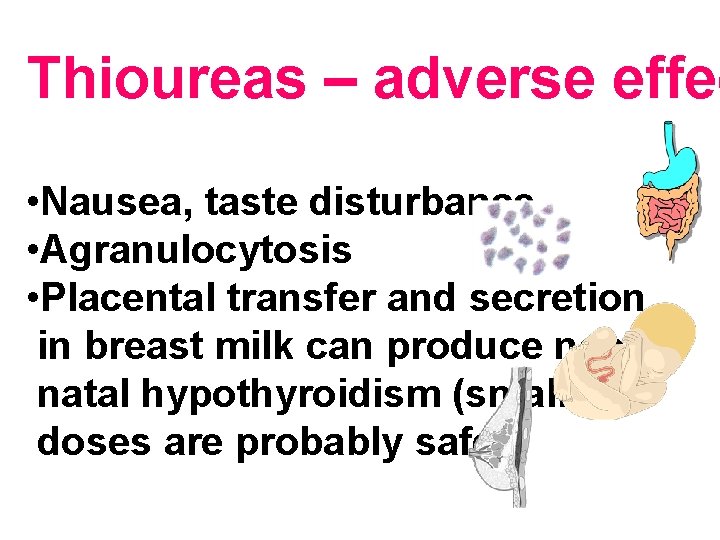 Thioureas – adverse effec • Nausea, taste disturbance • Agranulocytosis • Placental transfer and