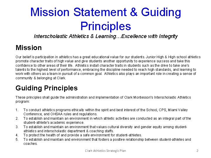 Mission Statement & Guiding Principles Interscholastic Athletics & Learning…Excellence with Integrity Mission Our belief