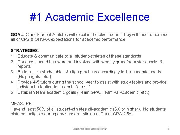 #1 Academic Excellence GOAL: Clark Student Athletes will excel in the classroom. They will