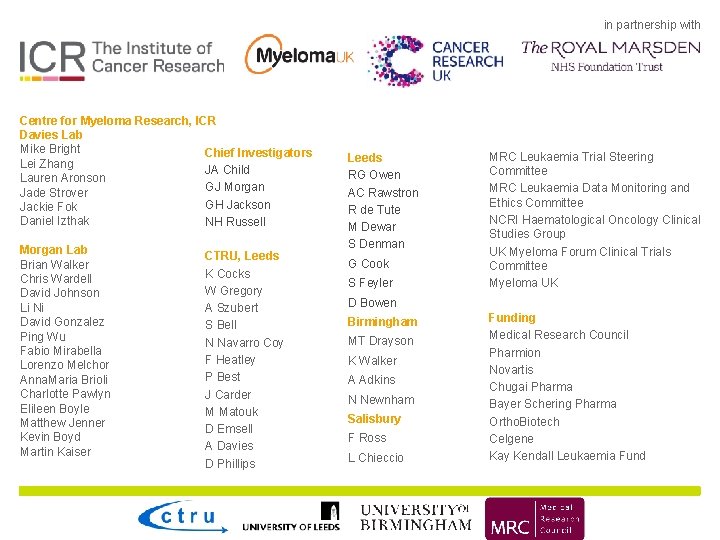 in partnership with Centre for Myeloma Research, ICR Davies Lab Mike Bright Chief Investigators in partnership with Centre for Myeloma Research, ICR Davies Lab Mike Bright Chief Investigators