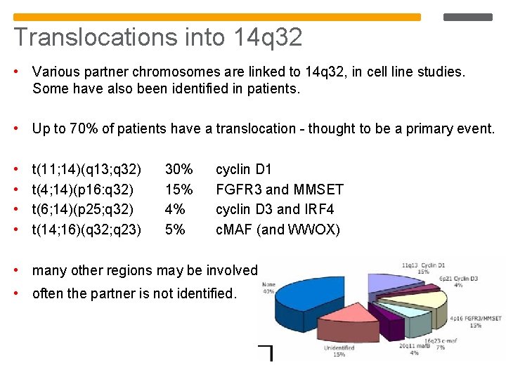 Translocations into 14 q 32 • Various partner chromosomes are linked to 14 q Translocations into 14 q 32 • Various partner chromosomes are linked to 14 q