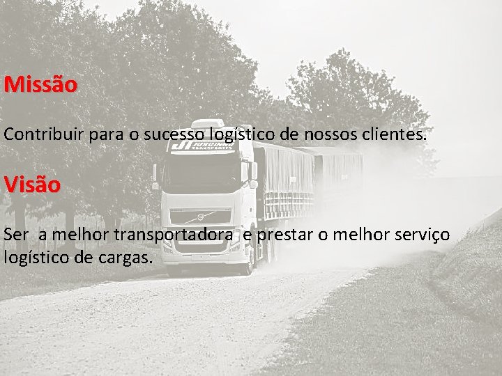 Missão Contribuir para o sucesso logístico de nossos clientes. Visão Ser a melhor transportadora