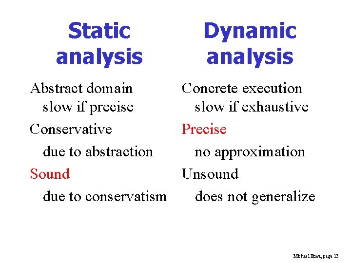 Static analysis Dynamic analysis Abstract domain Concrete execution slow if precise slow if exhaustive