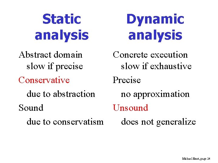 Static analysis Dynamic analysis Abstract domain Concrete execution slow if precise slow if exhaustive