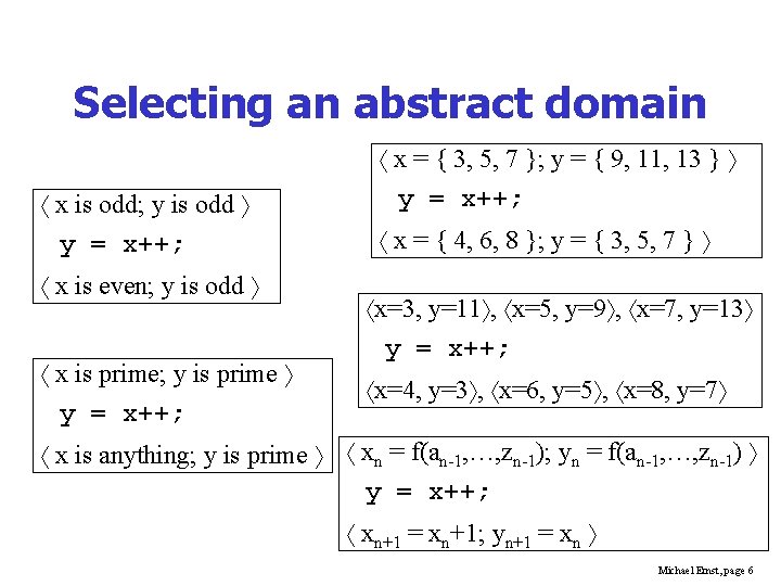 Selecting an abstract domain x is odd; y is odd y = x++; x