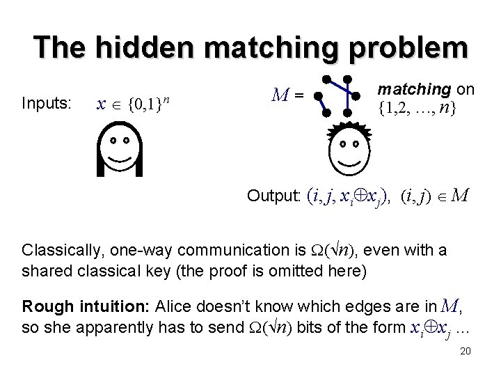 The hidden matching problem Inputs: x {0, 1}n M= matching on {1, 2, …,