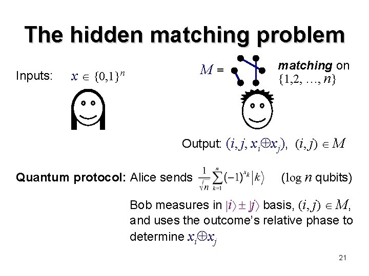 The hidden matching problem Inputs: x M= {0, 1}n matching on {1, 2, …,