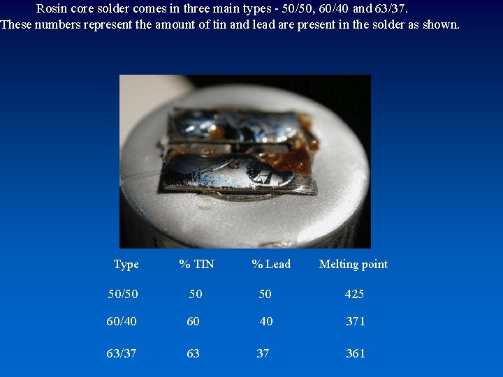 Rosin core solder comes in three main types - 50/50, 60/40 and 63/37. These