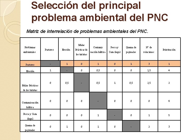 Selección del principal problema ambiental del PNC Matriz de interrelación de problemas ambientales del Selección del principal problema ambiental del PNC Matriz de interrelación de problemas ambientales del