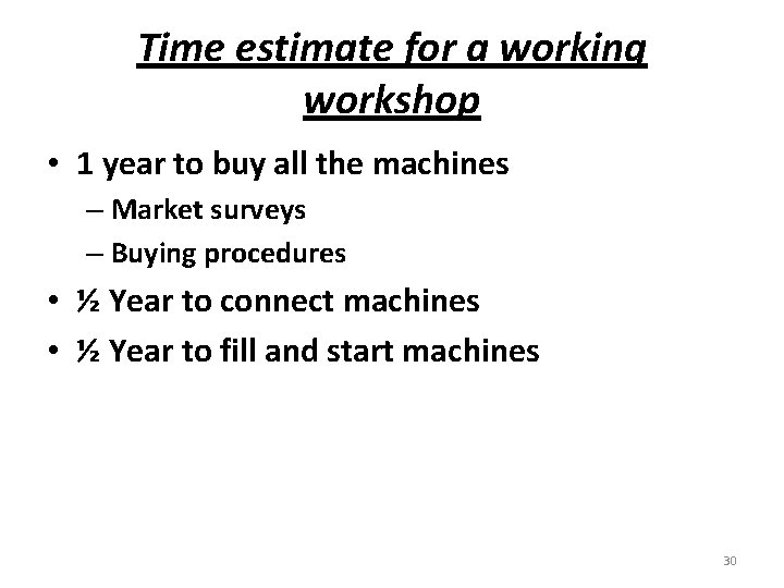 Time estimate for a working workshop • 1 year to buy all the machines