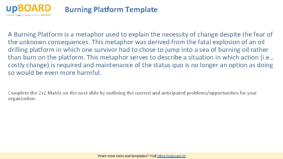 Burning Platform Template A Burning Platform is a metaphor used to explain the necessity