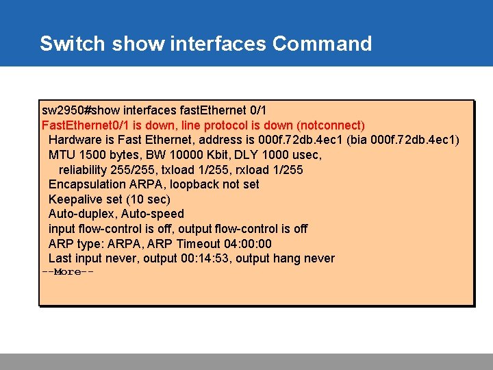 Switch show interfaces Command sw 2950#show interfaces fast. Ethernet 0/1 Fast. Ethernet 0/1 is
