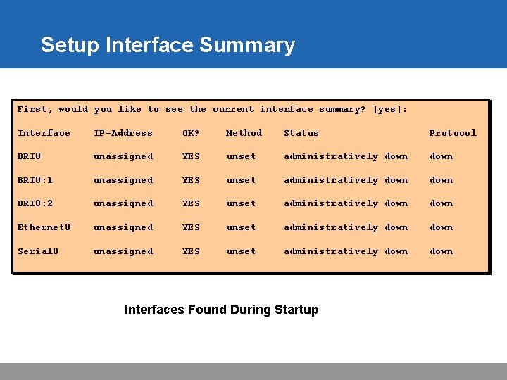Setup Interface Summary First, would you like to see the current interface summary? [yes]: