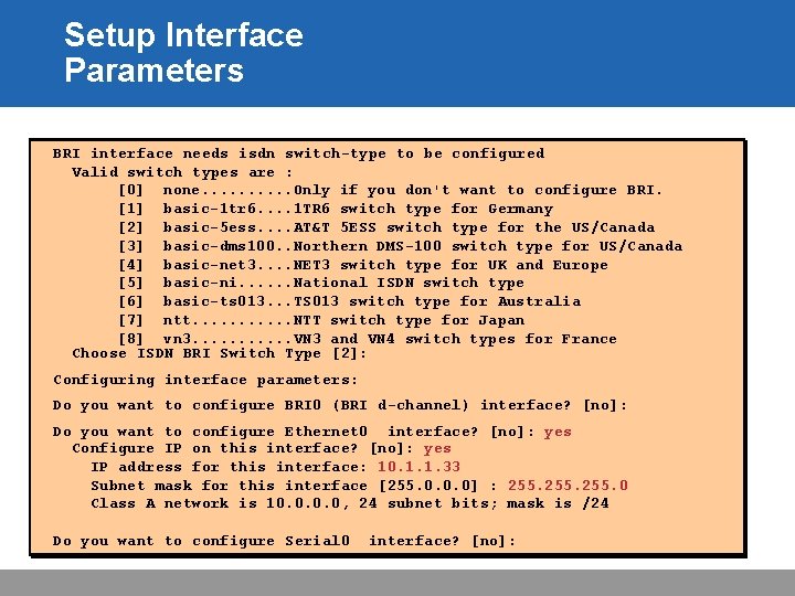 Setup Interface Parameters BRI interface needs isdn switch-type to be configured Valid switch types