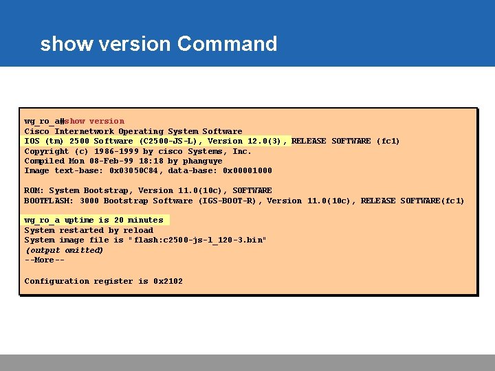 show version Command wg_ro_a#show version Cisco Internetwork Operating System Software IOS (tm) 2500 Software