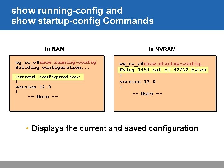 show running-config and show startup-config Commands In RAM In NVRAM wg_ro_c#show running-config Building configuration.