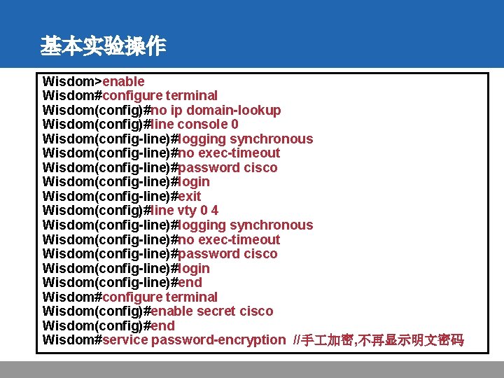 基本实验操作 Wisdom>enable Wisdom#configure terminal Wisdom(config)#no ip domain-lookup Wisdom(config)#line console 0 Wisdom(config-line)#logging synchronous Wisdom(config-line)#no exec-timeout
